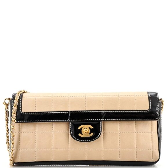 CHANEL Handbags - Authentic CHANEL CC Lambskin Patent Chocolate Bar Flap Bag Chain Beige Black